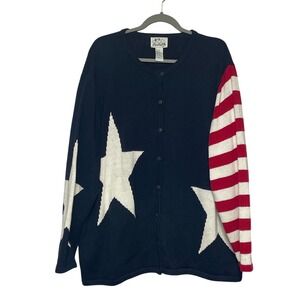 The Quaker Factory Retro Patriotic Colorblock Cardigan Knit Sweater Women's 2X